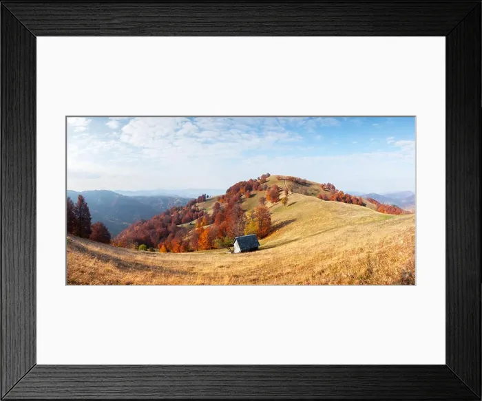 Framed Print : Panorama of picturesque autumn meadow with wooden house and red beech trees in the Carpathian mountains, Ukraine. Landscape photography Framed Print : Panorama of picturesque autumn meadow with wooden house and red beech trees in the Carpathian mountains, Ukraine. Landscape photography