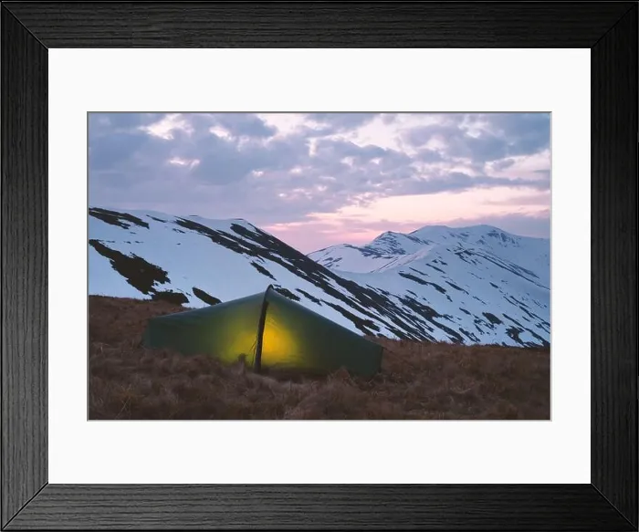 Framed Print : Green tent on amazing sunset mountains background. Landscape photography, travel concept Framed Print : Green tent on amazing sunset mountains background. Landscape photography, travel concept