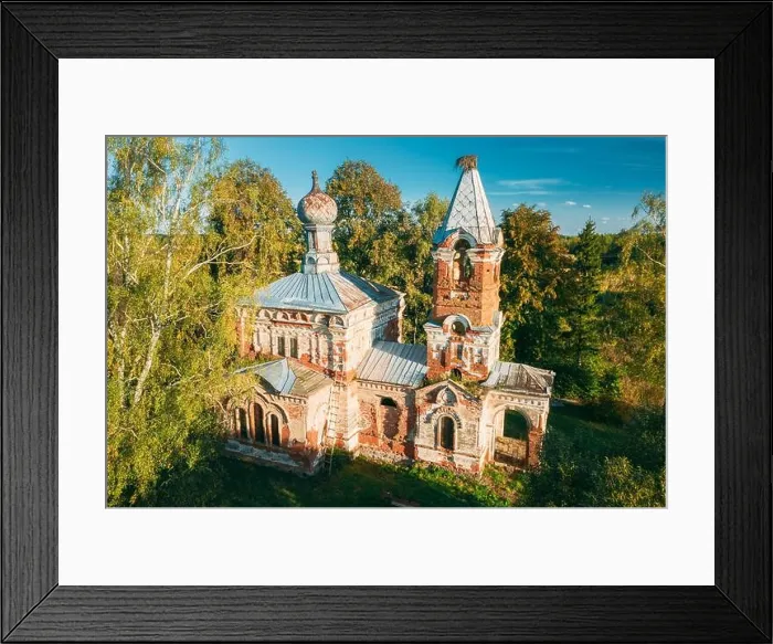 Framed Print : Ruins Of Old Cultural And Architectural Monument In Sunny Autumn Day. Aerial View On Abandoned Church. Old Ruins Of Church. Out Of Religion Concept Framed Print : Ruins Of Old Cultural And Architectural Monument In Sunny Autumn Day. Aerial View On Abandoned Church. Old Ruins Of Church. Out Of Religion Concept