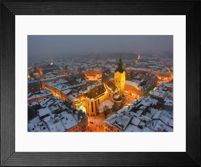 Framed Print : Gorgeus cityscape of winter Lviv city from top of town hall, Ukraine. Landscape photography Framed Print : Gorgeus cityscape of winter Lviv city from top of town hall, Ukraine. Landscape photography