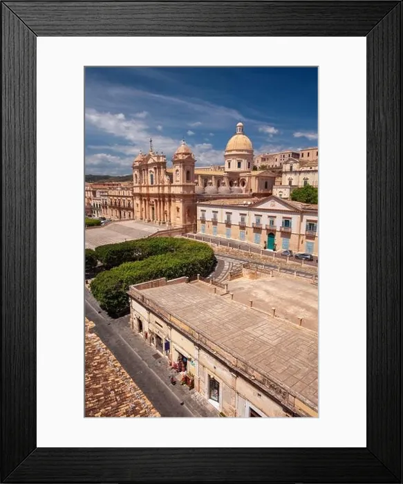Framed Print : Noto, Sicily, Italy. Aerial cityscape image of historical city of Noto, Sicily with Noto Cathedral at sunny day