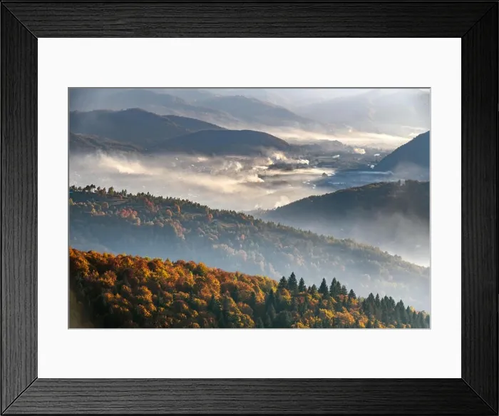 Framed Print : Picturesque autumn landscape with fooggy village in the Carpathian mountains, Ukraine. Landscape photography Framed Print : Picturesque autumn landscape with fooggy village in the Carpathian mountains, Ukraine. Landscape photography