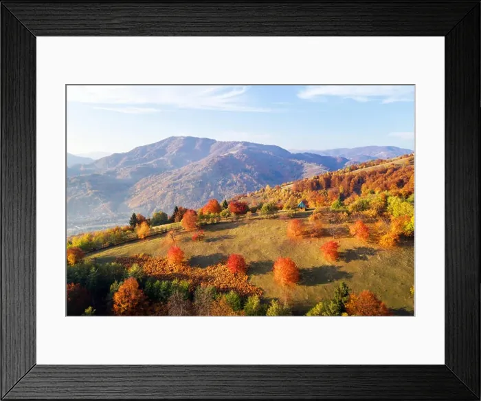 Framed Print : Picturesque autumn meadow with wooden house and red beech trees in the Carpathian mountains, Ukraine. Landscape photography Framed Print : Picturesque autumn meadow with wooden house and red beech trees in the Carpathian mountains, Ukraine. Landscape photography