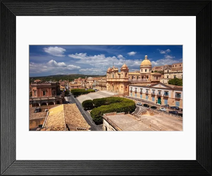 Framed Print : Noto, Sicily, Italy. Aerial cityscape image of historical city of Noto, Sicily with Noto Cathedral at sunny day Framed Print : Noto, Sicily, Italy. Aerial cityscape image of historical city of Noto, Sicily with Noto Cathedral at sunny day
