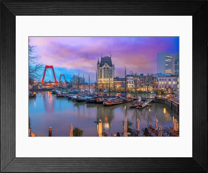 Framed Print : Rotterdam, Netherlands from Oude Haven Old Port at Twilight Framed Print : Rotterdam, Netherlands from Oude Haven Old Port at Twilight