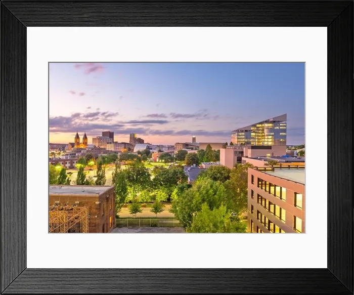 Framed Print : Akron, Ohio, USA downtown skyline at dusk
