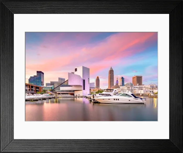 Framed Print : Cleveland, Ohio, USA downtown city skyline and harbor at twilight Framed Print : Cleveland, Ohio, USA downtown city skyline and harbor at twilight