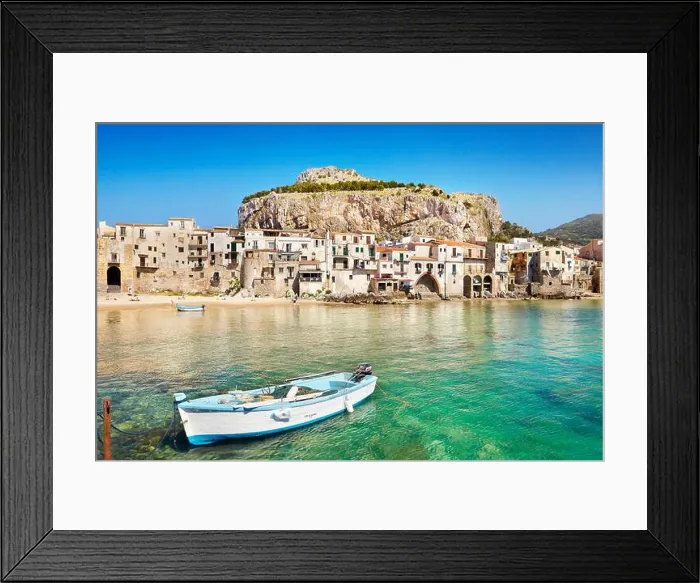 Framed Print : Fishing boat and medieval houses of Cefalu old town, Sicily, Italy Framed Print : Fishing boat and medieval houses of Cefalu old town, Sicily, Italy