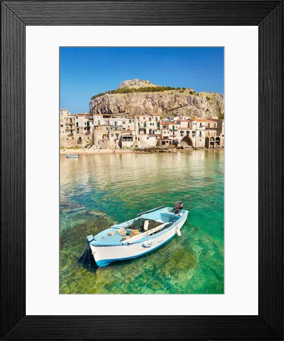 Framed Print : Fishing boat and medieval houses of Cefalu old town, Sicily, Italy Framed Print : Fishing boat and medieval houses of Cefalu old town, Sicily, Italy