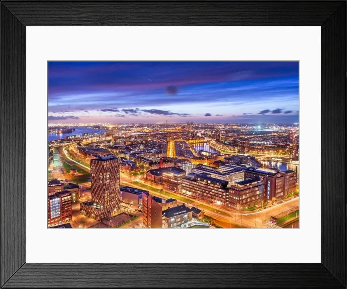 Framed Print : Rotterdam, Netherlands, cityscape towards the borough of Delfshaven at twilight Framed Print : Rotterdam, Netherlands, cityscape towards the borough of Delfshaven at twilight
