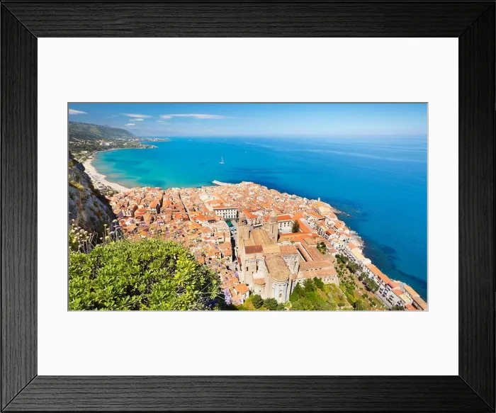 Framed Print : Sicily Island - aerial view at Cefalu from La Rocca hill, Sicily, Italy
