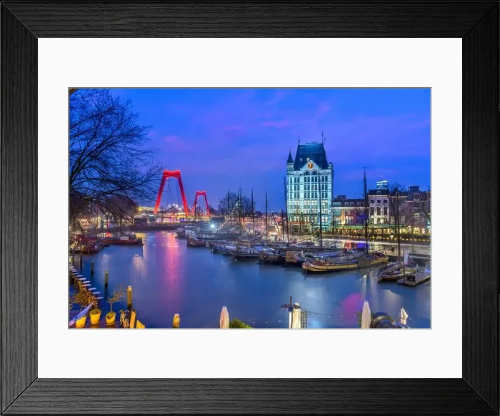 Framed Print : Rotterdam, Netherlands from Oude Haven Old Port at Twilight Framed Print : Rotterdam, Netherlands from Oude Haven Old Port at Twilight