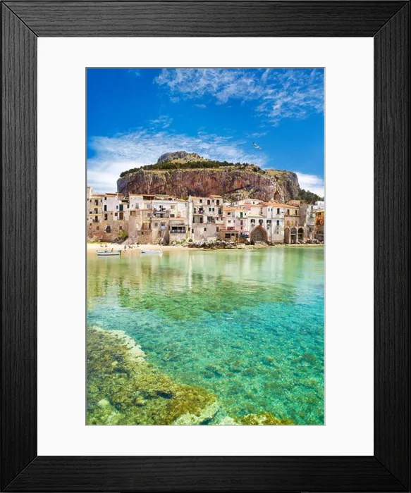 Framed Print : Medieval houses and La Rocca hill, Cefalu old town, Sicily, Italy Framed Print : Medieval houses and La Rocca hill, Cefalu old town, Sicily, Italy