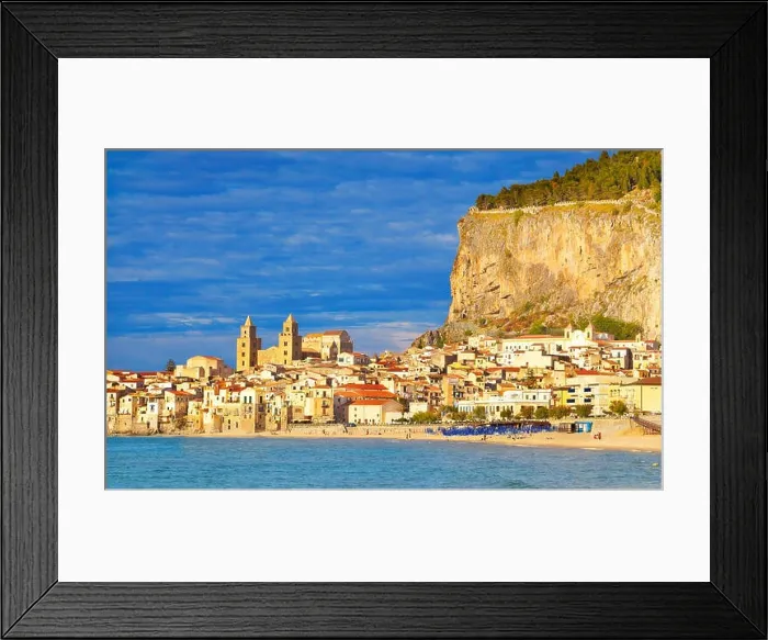 Framed Print : Old town view with cathedral and La Rocca hill, Cefalu, Sicily, Italy Framed Print : Old town view with cathedral and La Rocca hill, Cefalu, Sicily, Italy