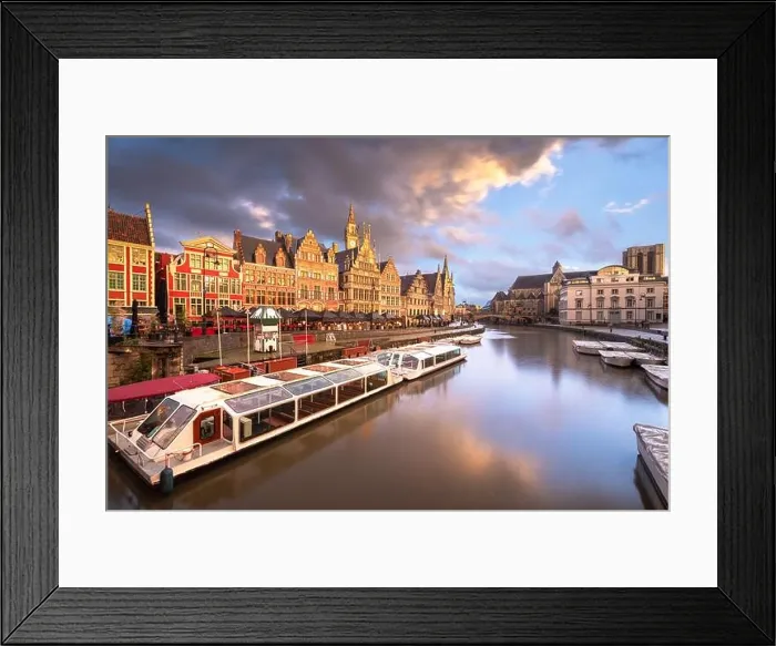 Framed Print : Ghent, Belgium old town cityscape and riverboats from the Graslei at twilight Framed Print : Ghent, Belgium old town cityscape and riverboats from the Graslei at twilight