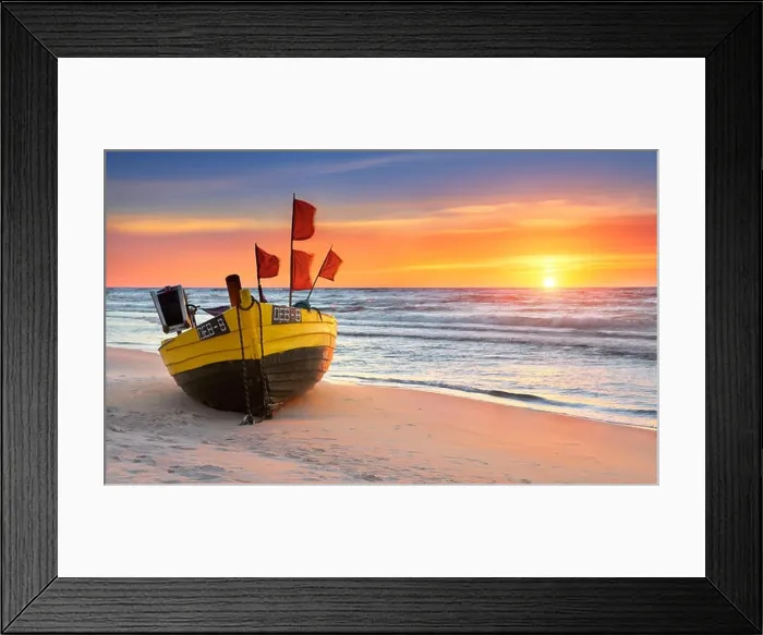 Framed Print : Fishing boat at the beach, sunset time at Baltic Sea, Pomerania, Poland Framed Print : Fishing boat at the beach, sunset time at Baltic Sea, Pomerania, Poland