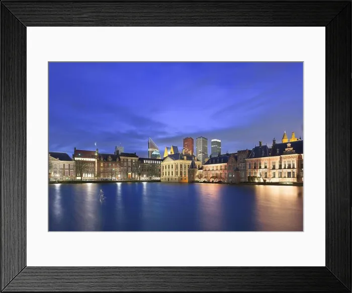 Framed Print : The Hague, Netherlands cityscape at twilight on Lake Hofvijver Framed Print : The Hague, Netherlands cityscape at twilight on Lake Hofvijver