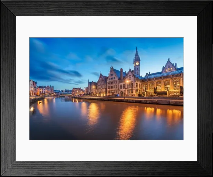 Framed Print : Ghent, Belgium old town cityscape from the river are at dawn Framed Print : Ghent, Belgium old town cityscape from the river are at dawn