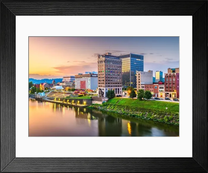 Framed Print : Charleston, West Virginia, USA downtown skyline on the river at dusk
