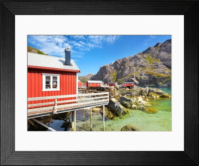 Framed Print : Traditional red fishermen's huts rorbu, Lofoten Island, Norway Framed Print : Traditional red fishermen's huts rorbu, Lofoten Island, Norway
