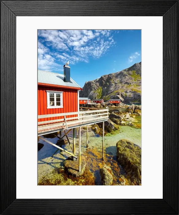 Framed Print : Traditional red wooden fishermen's huts rorbu, Lofoten Island, Norway Framed Print : Traditional red wooden fishermen's huts rorbu, Lofoten Island, Norway