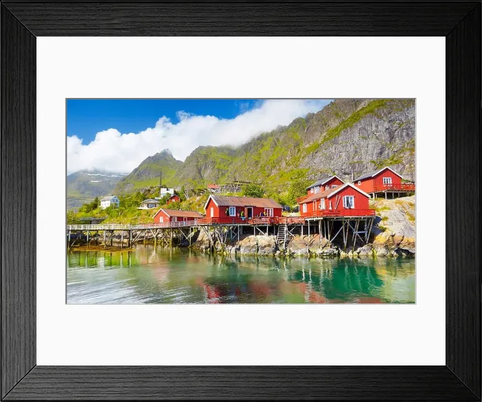 Framed Print : Fishermen red wooden huts rorbu, Lofoten Islands, Norway Framed Print : Fishermen red wooden huts rorbu, Lofoten Islands, Norway