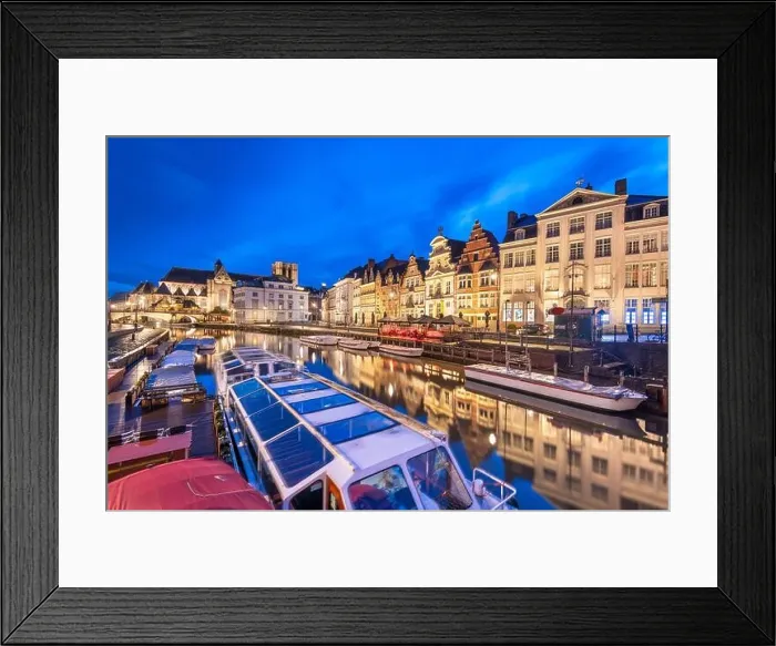 Framed Print : Ghent, Belgium old town cityscape and riverboats from the Graslei at twilight Framed Print : Ghent, Belgium old town cityscape and riverboats from the Graslei at twilight