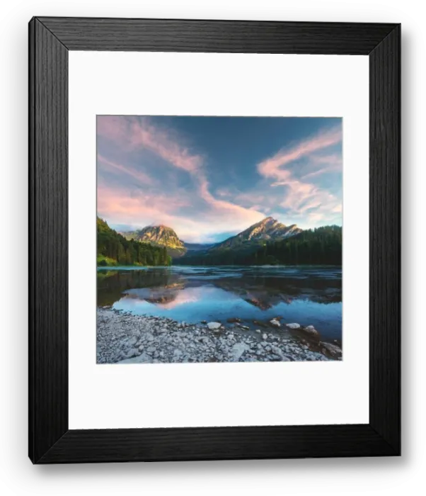 Framed Print : Peaceful summer view on Obersee lake in Swiss Alps. Sunrise sky and mountains reflections in clear water. Nafels village, Switzerland Framed Print : Peaceful summer view on Obersee lake in Swiss Alps. Sunrise sky and mountains reflections in clear water. Nafels village, Switzerland