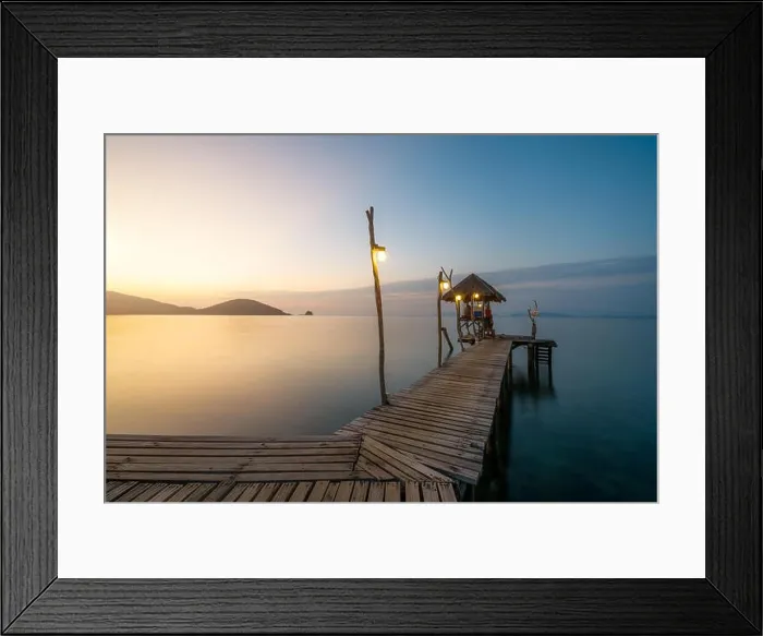 Framed Print : Wooden bar in sea and hut with clear sunrise sky in Koh Mak at Trat, Thailand. Summer, Travel, Vacation and Holiday. Relax and traveling at sea concep Framed Print : Wooden bar in sea and hut with clear sunrise sky in Koh Mak at Trat, Thailand. Summer, Travel, Vacation and Holiday. Relax and traveling at sea concep