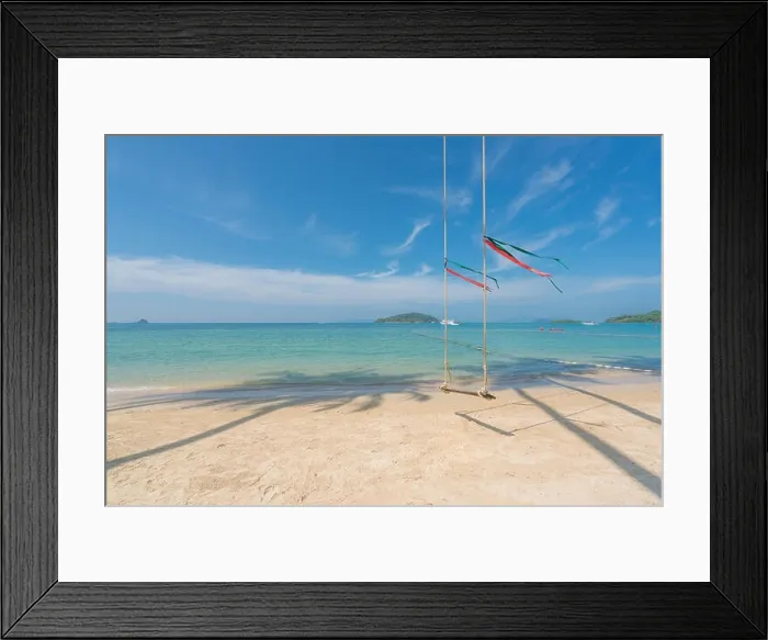 Framed Print : Swing hang from coconut palm tree over summer beach with clear water sea and wave with speed boat in background in Phuket, Thailand. Summer, Travel, V Framed Print : Swing hang from coconut palm tree over summer beach with clear water sea and wave with speed boat in background in Phuket, Thailand. Summer, Travel, V