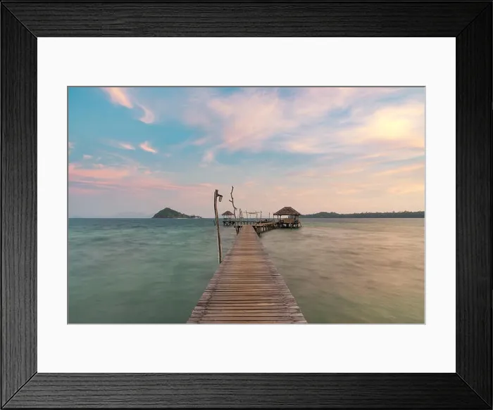 Framed Print : Wooden bar in sea and hut with clear sunrise sky in Koh Mak at Trat, Thailand. Summer, Travel, Vacation and Holiday. Relax and traveling at sea concep Framed Print : Wooden bar in sea and hut with clear sunrise sky in Koh Mak at Trat, Thailand. Summer, Travel, Vacation and Holiday. Relax and traveling at sea concep