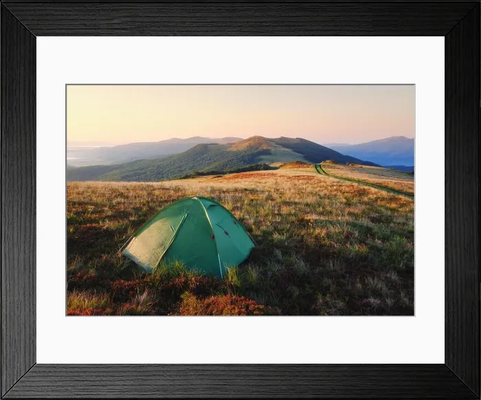 Framed Print : Green tent on amazing meadow in autumn mountains. Landscape photography, travel concept Framed Print : Green tent on amazing meadow in autumn mountains. Landscape photography, travel concept