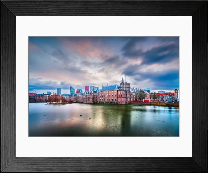 Framed Print : The Hague, Netherlands cityscape at twilight on Lake Hofvijver Framed Print : The Hague, Netherlands cityscape at twilight on Lake Hofvijver