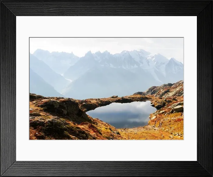 Framed Print : Colourful autumn landscape with Chesery lake (Lac De Cheserys) and snowy Monte Bianco mountains range on background Framed Print : Colourful autumn landscape with Chesery lake (Lac De Cheserys) and snowy Monte Bianco mountains range on background
