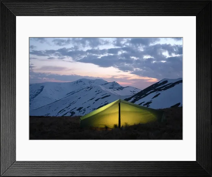 Framed Print : Green tent on amazing sunset mountains background. Landscape photography, travel concept Framed Print : Green tent on amazing sunset mountains background. Landscape photography, travel concept