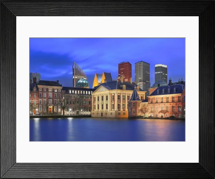 Framed Print : The Hague, Netherlands cityscape at twilight on Lake Hofvijver Framed Print : The Hague, Netherlands cityscape at twilight on Lake Hofvijver