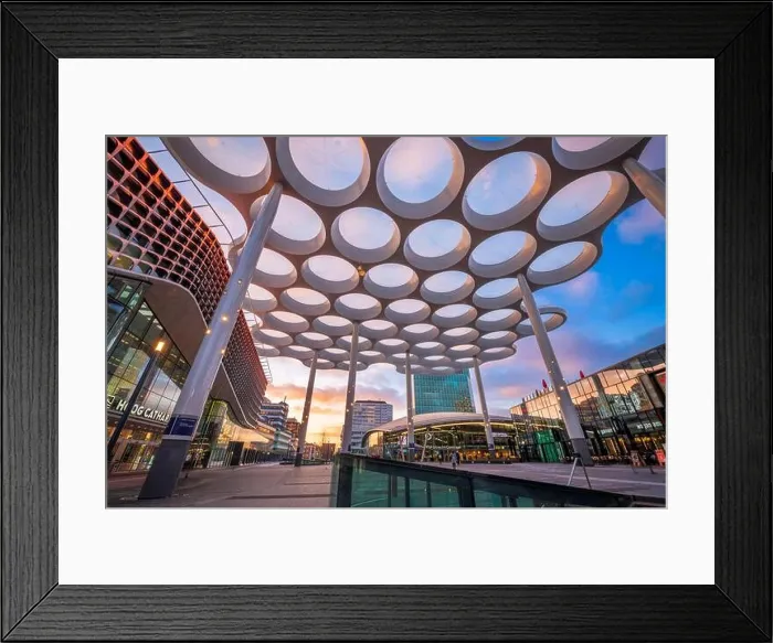 Framed Print : UTRECHT, NETHERLANDS - FEBRUARY 28, 2020: Utrecht Centraal Railway Station from Station Square with Hoog Catharijne shopping mall at twilight Framed Print : UTRECHT, NETHERLANDS - FEBRUARY 28, 2020: Utrecht Centraal Railway Station from Station Square with Hoog Catharijne shopping mall at twilight