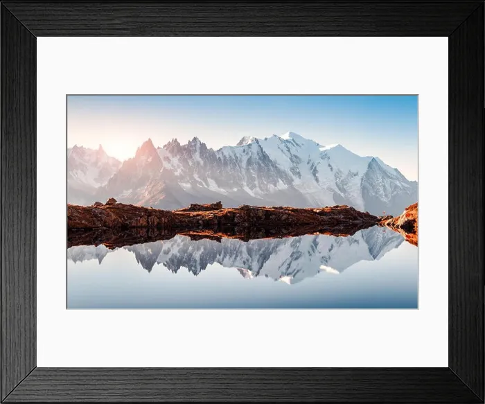 Framed Print : Incredible view of clear water and sky reflection on Chesery lake (Lac De Cheserys) in France Alps. Monte Bianco mountains range on background Framed Print : Incredible view of clear water and sky reflection on Chesery lake (Lac De Cheserys) in France Alps. Monte Bianco mountains range on background