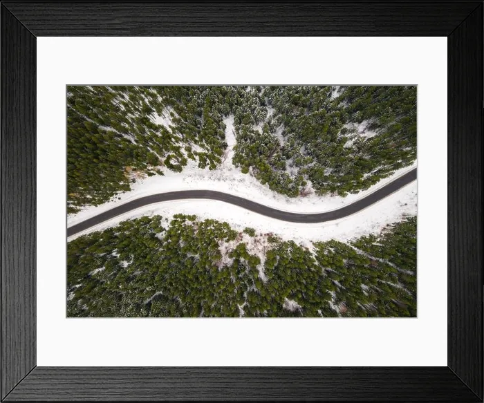 Framed Print : Flight over the winter mountains with road serpentine and snowy forest. Top down view. Landscape photography Framed Print : Flight over the winter mountains with road serpentine and snowy forest. Top down view. Landscape photography