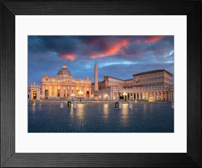 Framed Print : Vatican City, Rome, Italy. Cityscape image of illuminated Saint Peter's Basilica and St. Peter's Square, Vatican City, Rome, Italy at sunrise Framed Print : Vatican City, Rome, Italy. Cityscape image of illuminated Saint Peter's Basilica and St. Peter's Square, Vatican City, Rome, Italy at sunrise