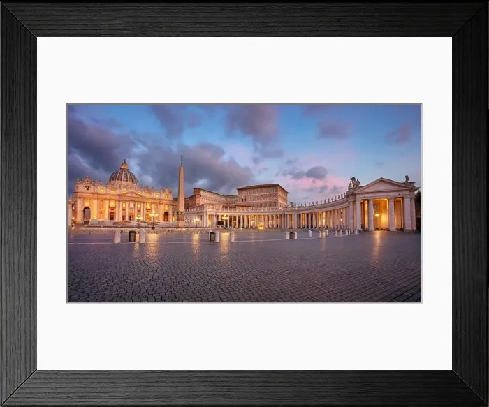 Framed Print : Vatican City, Rome, Italy. Cityscape image of illuminated Saint Peter's Basilica and St. Peter's Square, Vatican City, Rome, Italy at sunrise Framed Print : Vatican City, Rome, Italy. Cityscape image of illuminated Saint Peter's Basilica and St. Peter's Square, Vatican City, Rome, Italy at sunrise