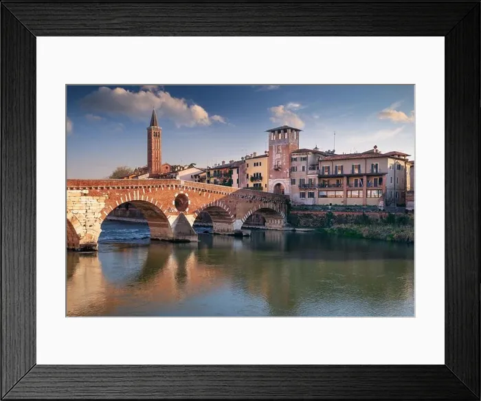 Framed Print : Verona, Italy. Cityscape image of beautiful Italian town Verona with the Stone Bridge over Adige River at sunset Framed Print : Verona, Italy. Cityscape image of beautiful Italian town Verona with the Stone Bridge over Adige River at sunset