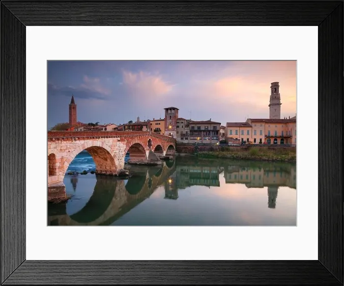 Framed Print : Verona, Italy. Cityscape image of beautiful Italian town Verona with the Stone Bridge over Adige River at sunset