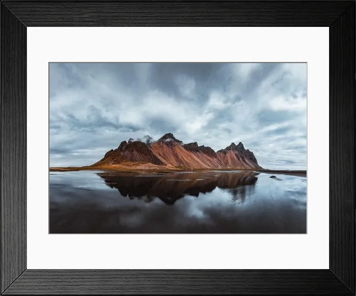 Framed Print : Famous Stokksnes mountains on Vestrahorn cape in southeastern Icelandic coast. The epic sky reflected in the clear water. Iceland island Framed Print : Famous Stokksnes mountains on Vestrahorn cape in southeastern Icelandic coast. The epic sky reflected in the clear water. Iceland island
