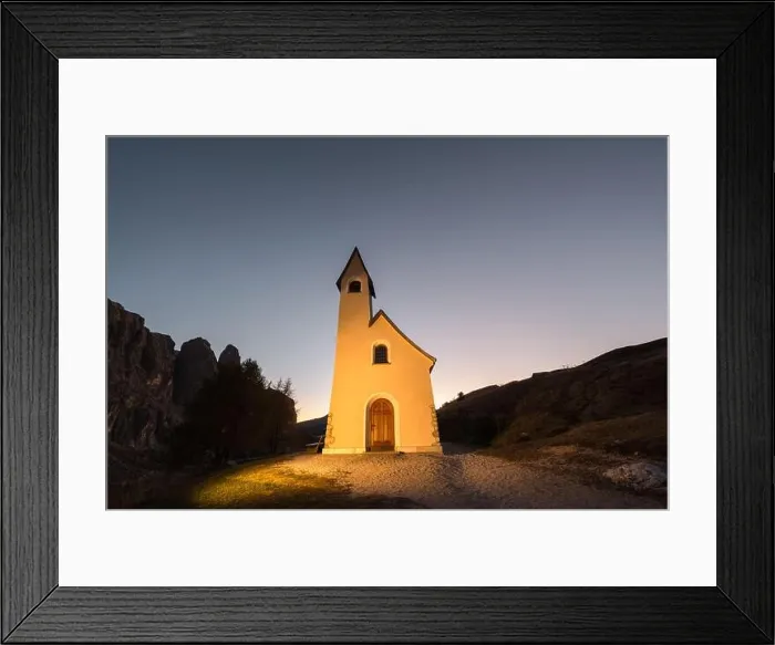 Framed Print : Picturesque view on small iIlluminated chapel - Kapelle Ciapela on Gardena Pass, Italian Dolomites mountains Framed Print : Picturesque view on small iIlluminated chapel - Kapelle Ciapela on Gardena Pass, Italian Dolomites mountains