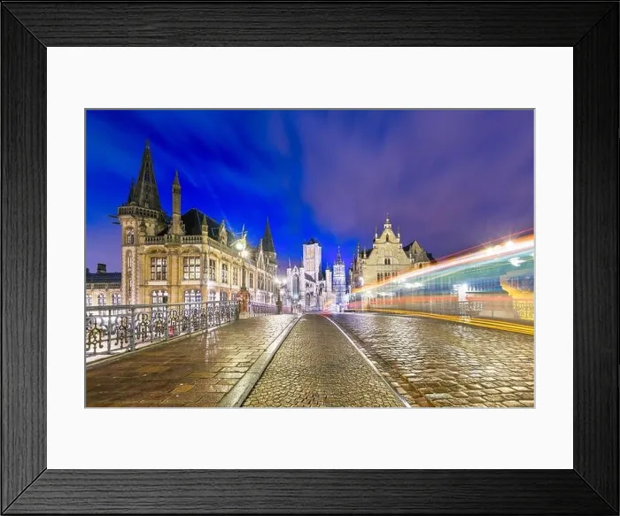 Framed Print : Ghent, Belgium old town cityscape from the Graslei are at dawn