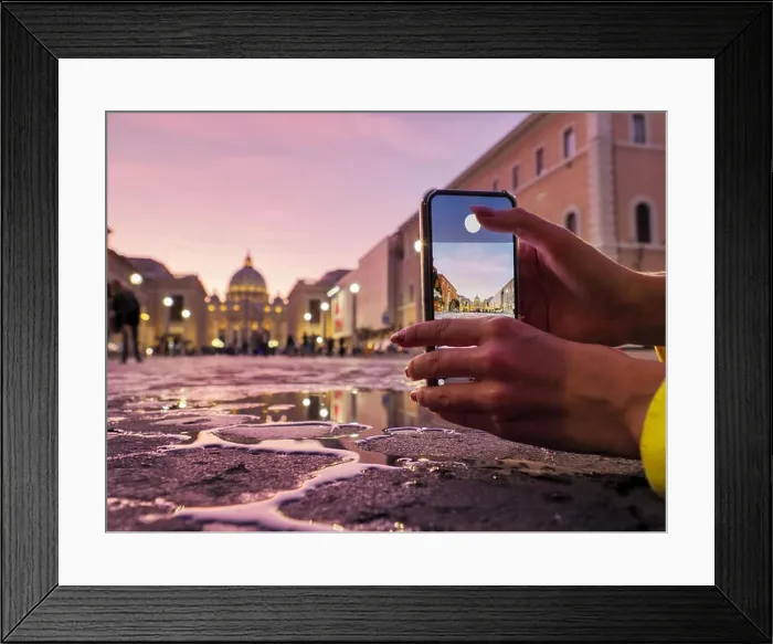 Framed Print : Young woman traveler tourist taking beautiful landscape photo of european sunset during holiday vacation Framed Print : Young woman traveler tourist taking beautiful landscape photo of european sunset during holiday vacation
