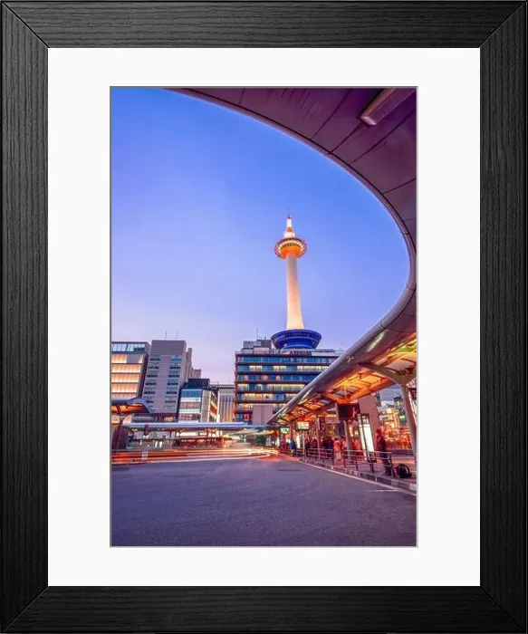 Framed Print : Kyoto, Japan cityscape and tower from the bus stop at twilight Framed Print : Kyoto, Japan cityscape and tower from the bus stop at twilight
