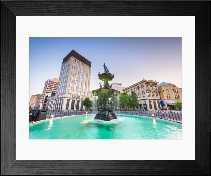 Framed Print : Montgomery, Alabama, USA fountain and downtown cityscape at twilight Framed Print : Montgomery, Alabama, USA fountain and downtown cityscape at twilight