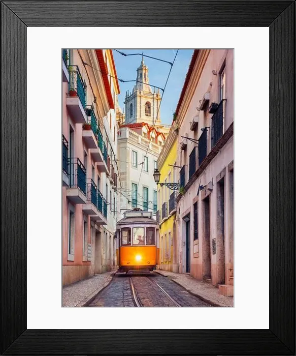 Framed Print : Lisbon, Portugal. Cityscape image of street of Lisbon, Portugal with yellow tram Framed Print : Lisbon, Portugal. Cityscape image of street of Lisbon, Portugal with yellow tram